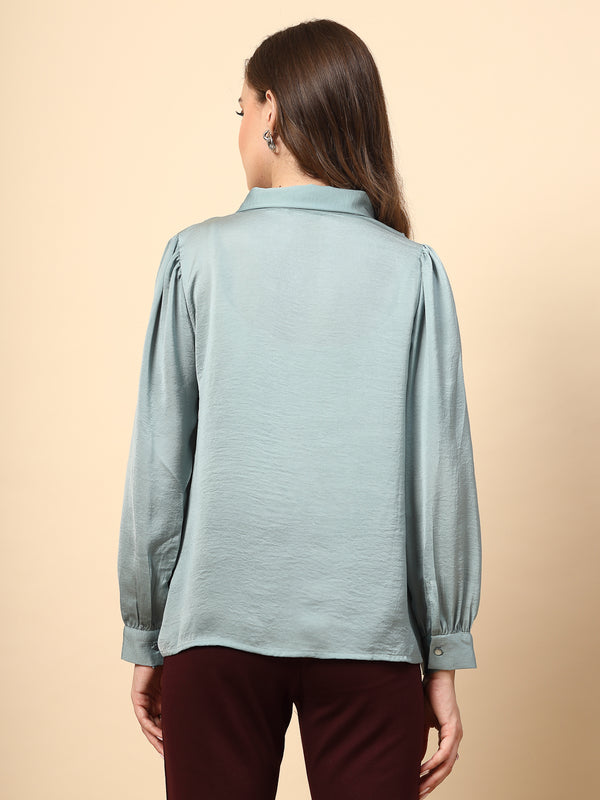 Gipsy Sage Blue Tunic With Neck Tie And Attractive Brooch