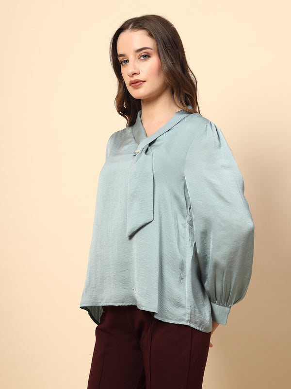 Gipsy Sage Blue Tunic With Neck Tie And Attractive Brooch