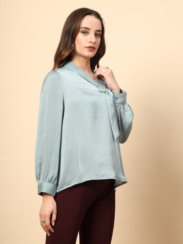 Gipsy Sage Blue Tunic With Neck Tie And Attractive Brooch