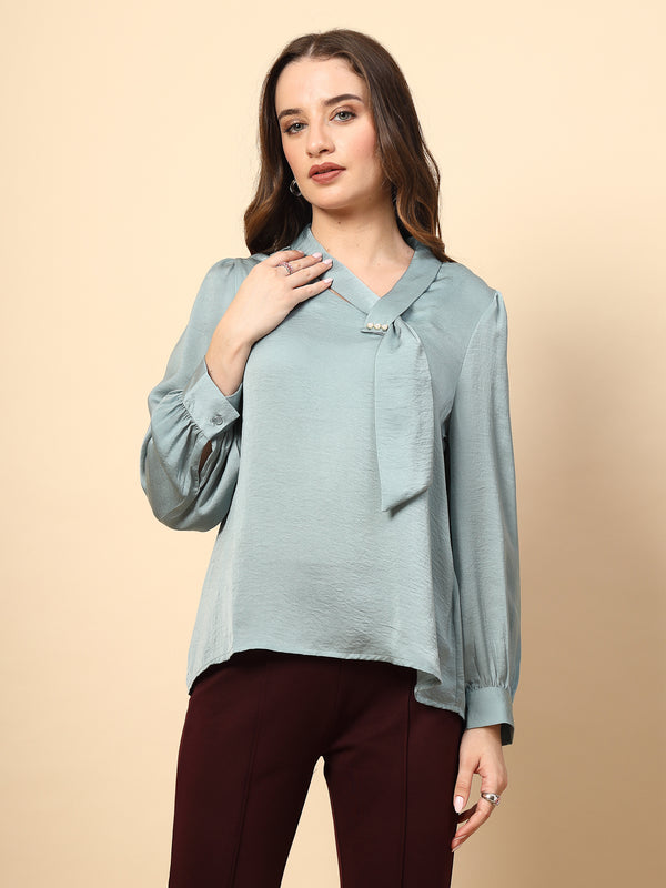 gipsy Sage Blue Tunic with Neck Tie and Attractive Brooch