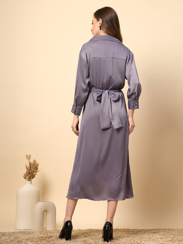 Gipsy Steel Grey Satin Dress With Front Fall And Pearl Button