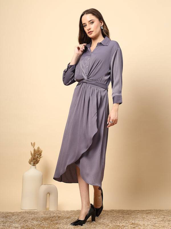 Gipsy Steel Grey Satin Dress With Front Fall And Pearl Button