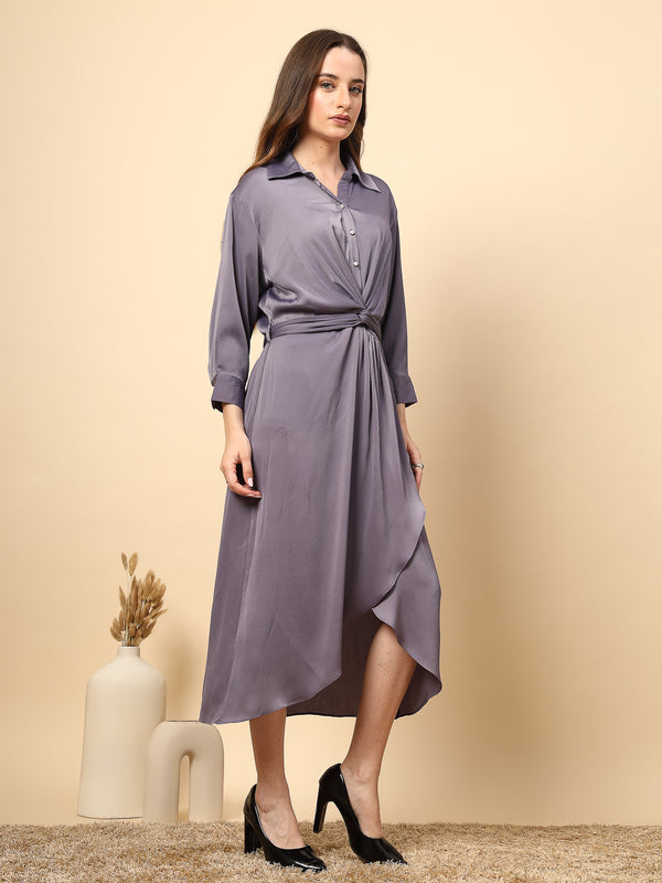 Gipsy Steel Grey Satin Dress With Front Fall And Pearl Button