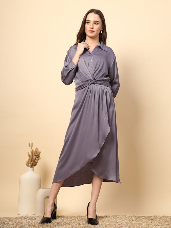 gipsy Steel Grey Satin Dress with Front Fall And Pearl Button