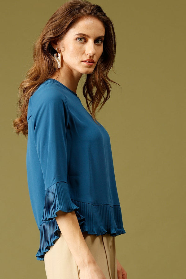 Gipsy Teal Blue Medium Length Round Neck Polyester Top Teal Blue