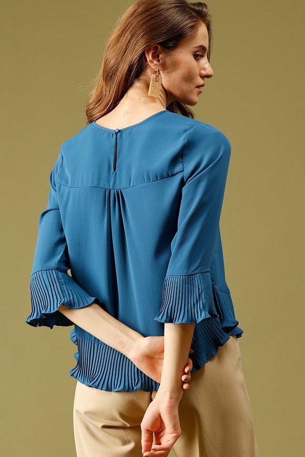 Gipsy Teal Blue Medium Length Round Neck Polyester Top Teal Blue