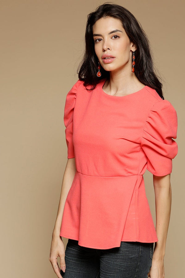 Gipsy Tomato Medium Length Round Neck Short Sleeves Poly Crepe Top Tomato