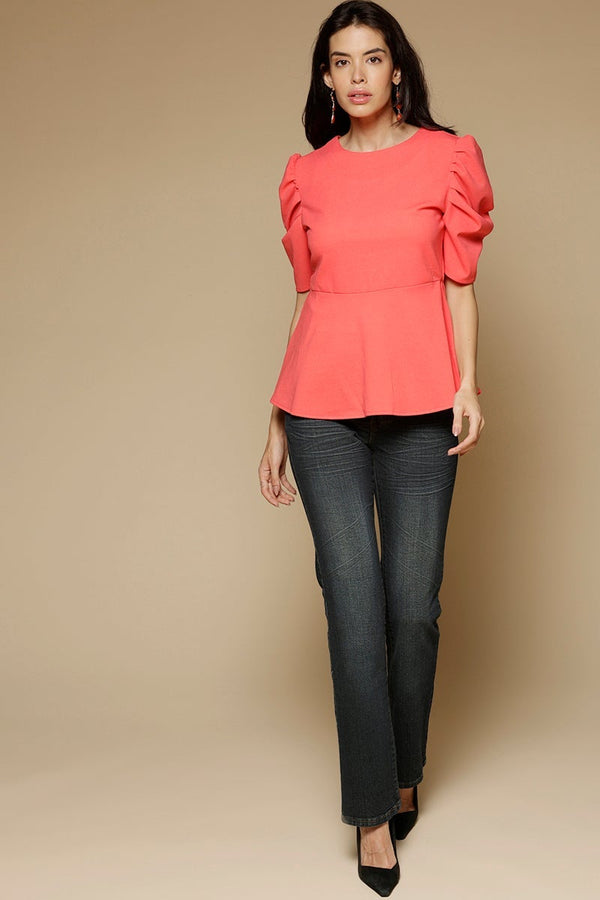 Gipsy Tomato Medium Length Round Neck Short Sleeves Poly Crepe Top Tomato