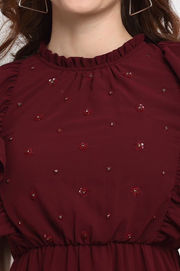 Gipsy Wine Midi Length Boat Neck Polyester Dress Wine