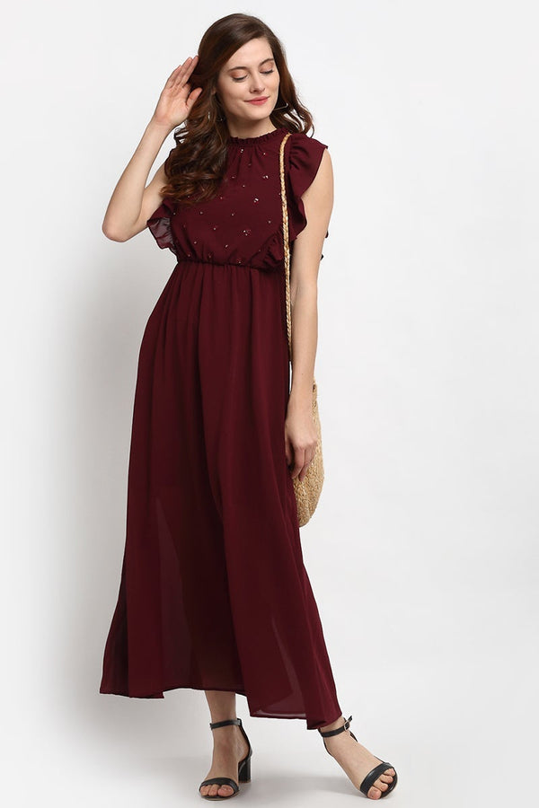 Gipsy Wine Midi Length Boat Neck Polyester Dress Wine