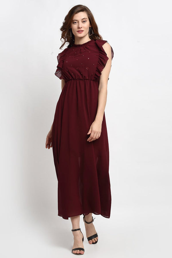 gipsy Wine Midi Length Boat Neck Polyester Dress Wine