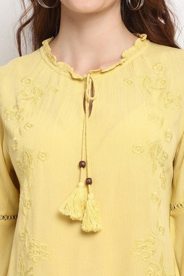 Gipsy Yellow Medium Length Tie - Up Rayon Crepe Tunic Yellow