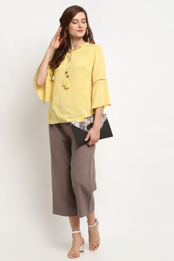Gipsy Yellow Medium Length Tie - Up Rayon Crepe Tunic Yellow