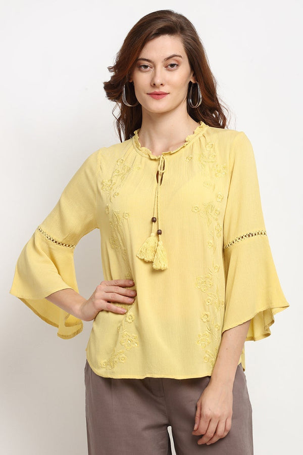 gipsy Yellow Medium Length Tie - Up Rayon Crepe Tunic Yellow