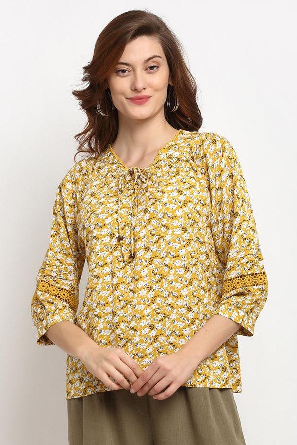 gipsy Yellow Medium Length Tie - Up Rayon Tunic Yellow