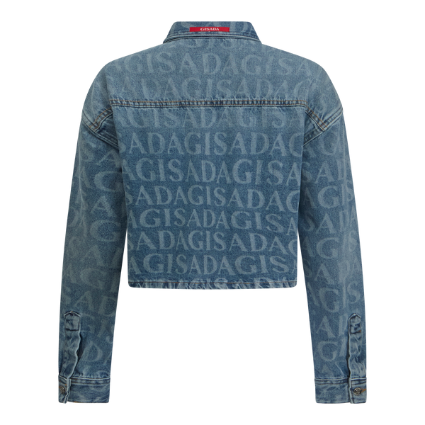 Gisada Crop Oversize Denim Shirt With Allover Gisada Laser Print