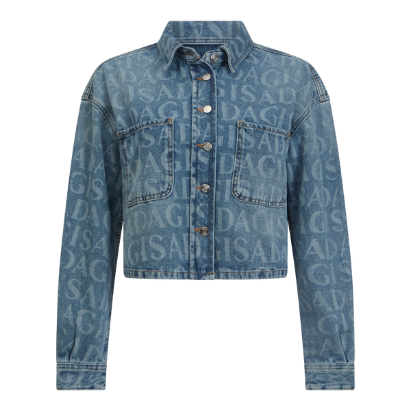 gisada Crop Oversize Denim Shirt with Allover Gisada Laser Print
