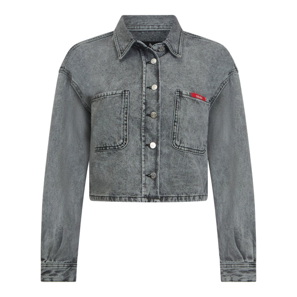 gisada Crop Oversize Denim Shirt with Mini Label Patch