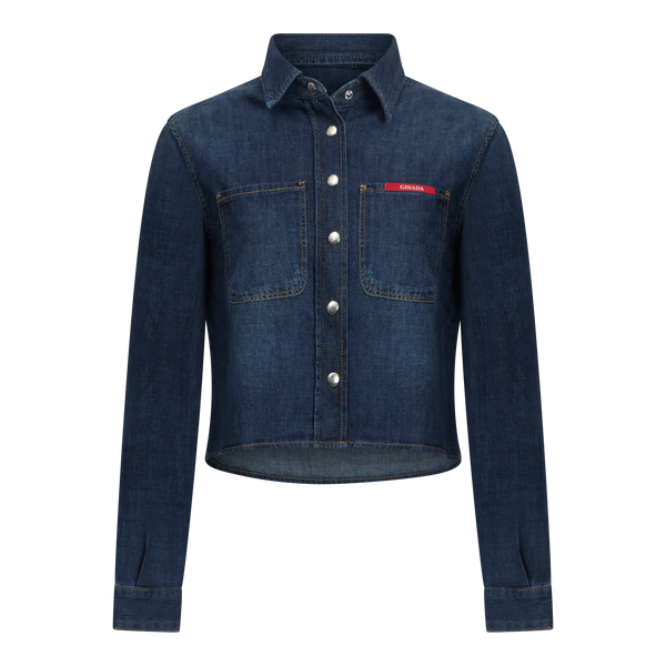 gisada Crop Regular Denim Shirt with Gisada Laser Print on Cuff