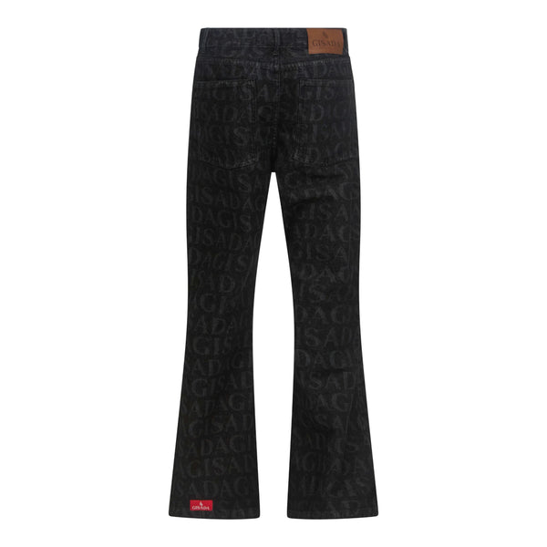 Gisada Flared Denim Jeans With Allover Gisada Logo And Inside Bottom Label