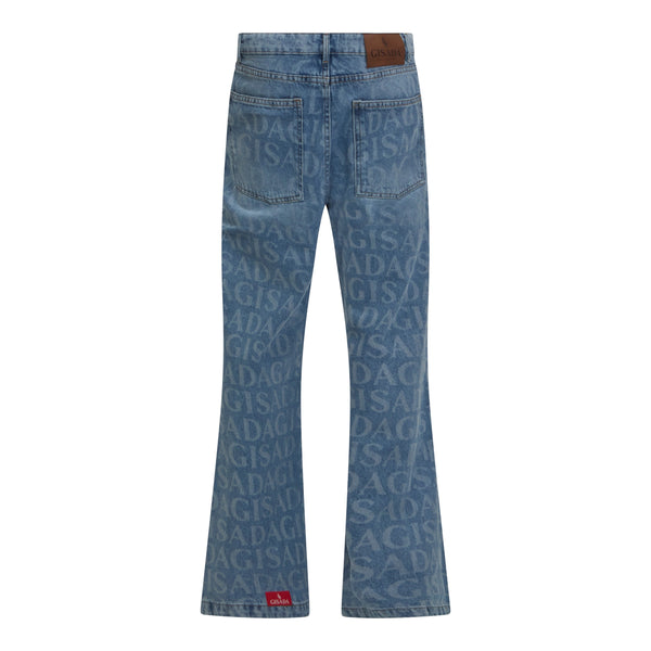 Gisada Flared Denim Jeans With Allover Gisada Logo And Inside Bottom Label