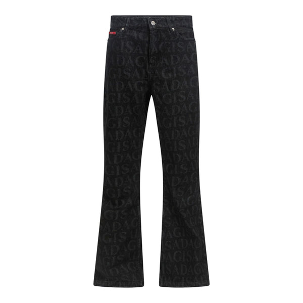 gisada Flared Denim Jeans with Allover Gisada Logo and Inside Bottom Label