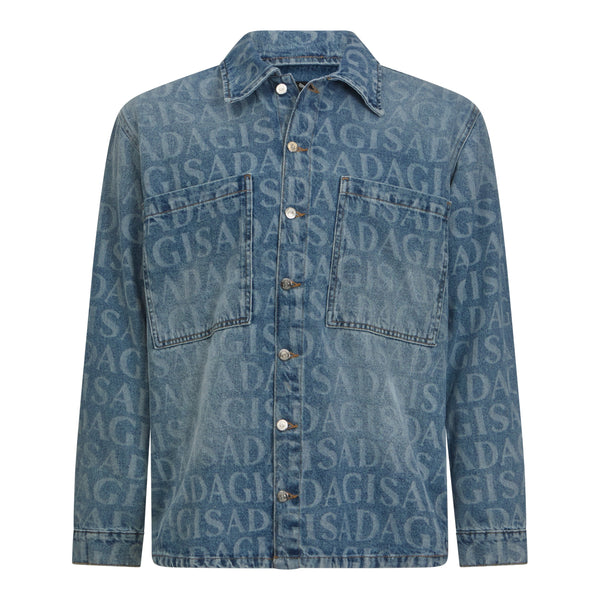 gisada Oversize Denim Shirt with Allover Gisada Laser Print