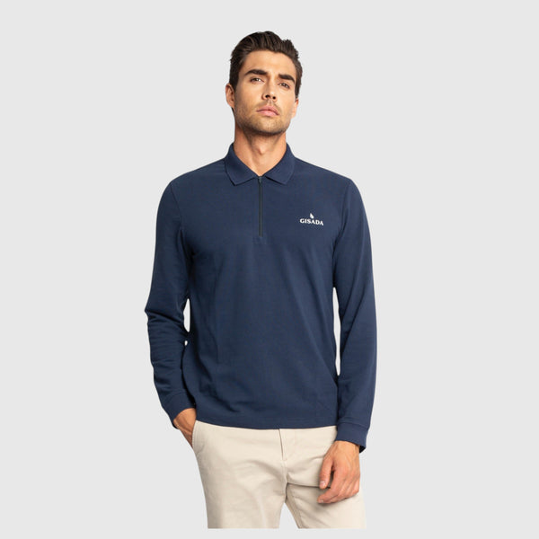 Gisada Regular Fit Zip-Up Polo In Luxe Interlock Piquet With Rubber Gisada Logo