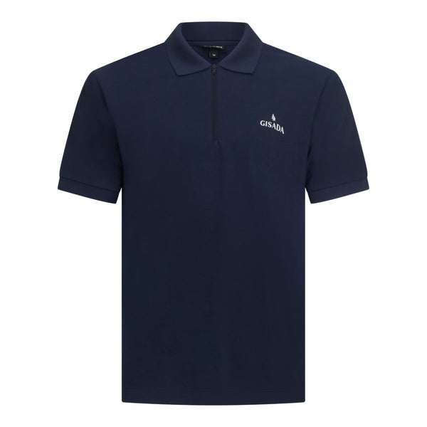 gisada Regular Fit Zip-Up Polo in Luxe Interlock Piquet with Rubber Logo