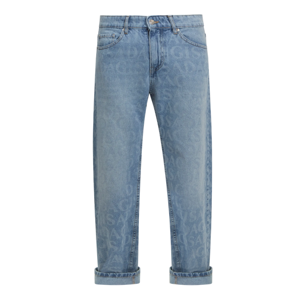 gisada Wide Leg Denim Jeans with Allover Gisada Logo and Inside Bottom Label