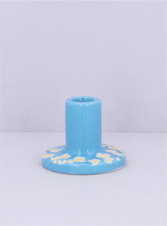 Gisela Graham Ceramic Candle Holder - Blue With Orange Flowers