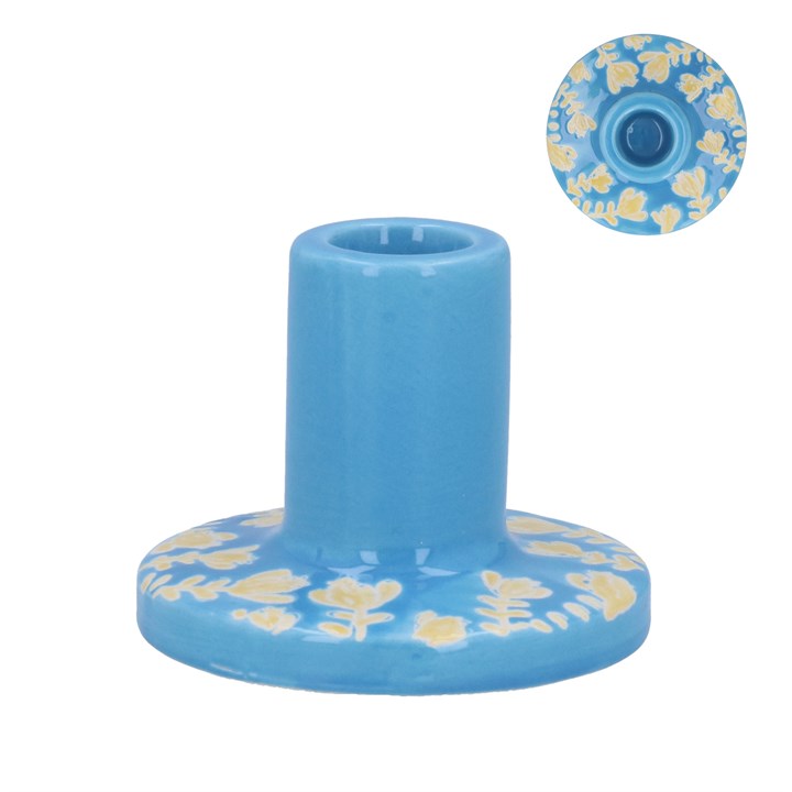 gisela graham Ceramic Candle Holder - Blue with Orange Flowers