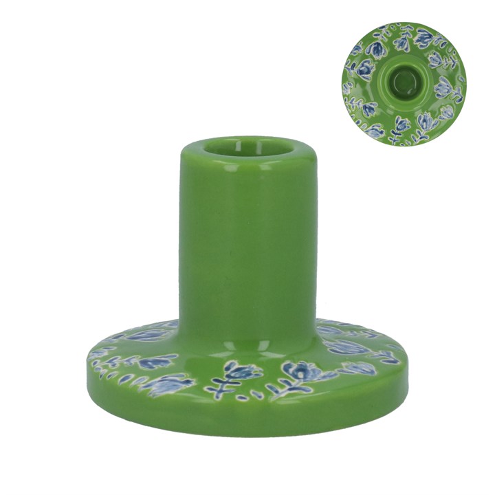 gisela graham Ceramic Candle Holder - Green with Blue Flowers