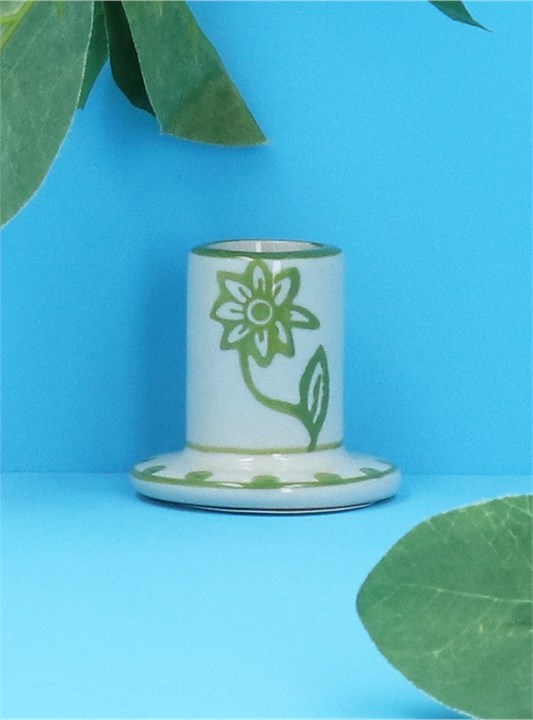 Gisela Graham Ceramic Mini Candlestick - White With Green Flowers