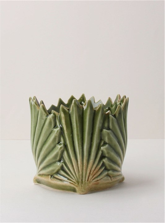 Gisela Graham Ceramic Pot Cover - Antiqued Green Fan Leaf