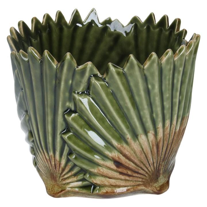 gisela graham Ceramic Pot Cover - Antiqued Green Fan Leaf