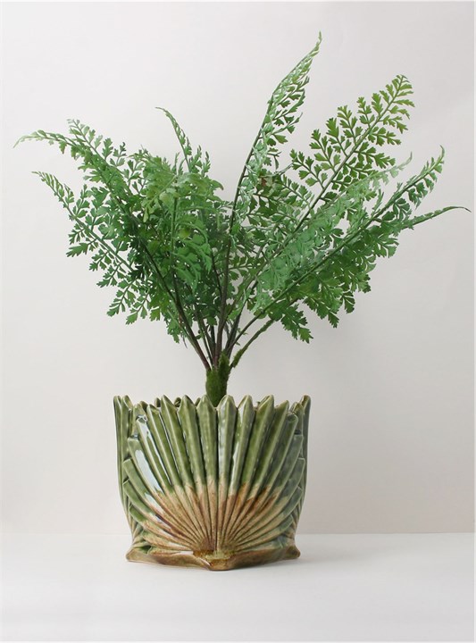 Gisela Graham Ceramic Pot Cover - Antiqued Green Fan Leaf