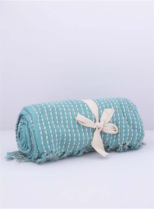 Gisela Graham Cotton Throw - Duck Egg Blue Stab Stitch