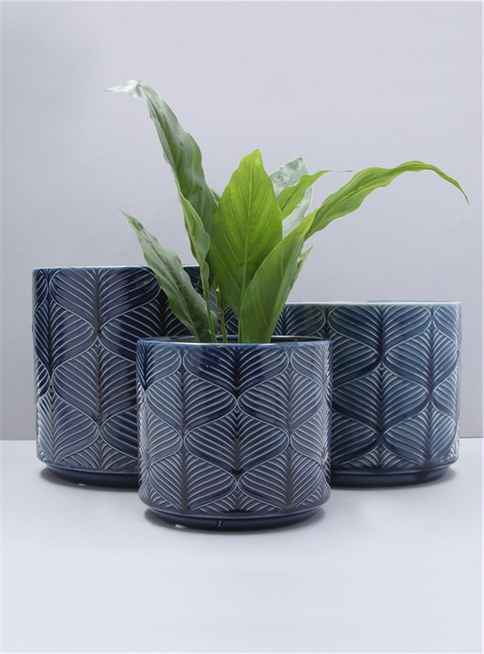 Gisela Graham Ceramic Pot Cover - Navy Wavy