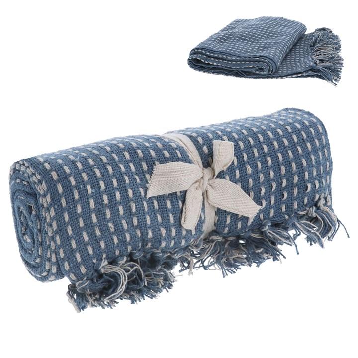gisela graham Cotton Throw - Blue Woven Stab Stitch