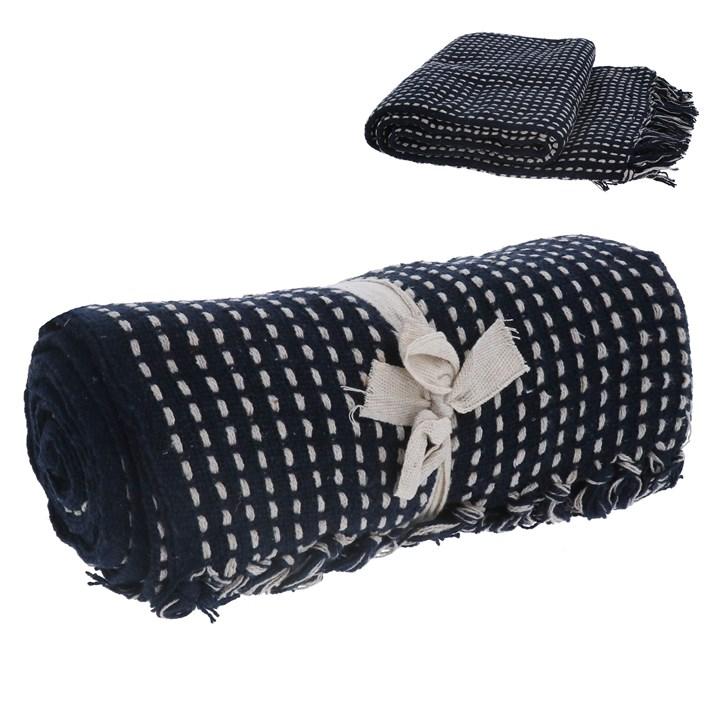 gisela graham Cotton Throw - Navy Woven Stab Stitch