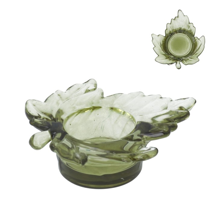 gisela graham Glass T-Lite Holder - Green Maple Leaf