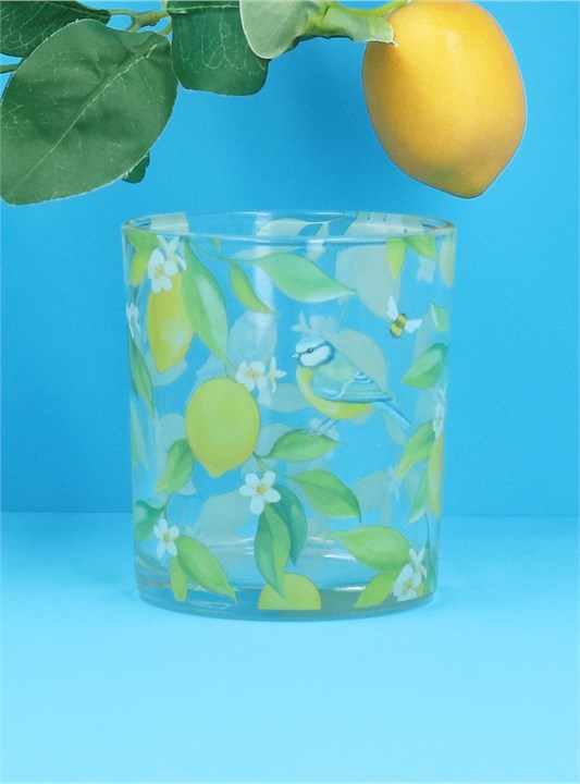 Gisela Graham Glass T-Lite Holder - Lemons & Blue Tits