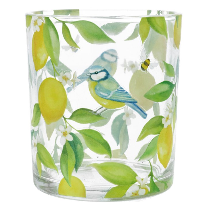 gisela graham Glass T-Lite Holder - Lemons & Blue Tits
