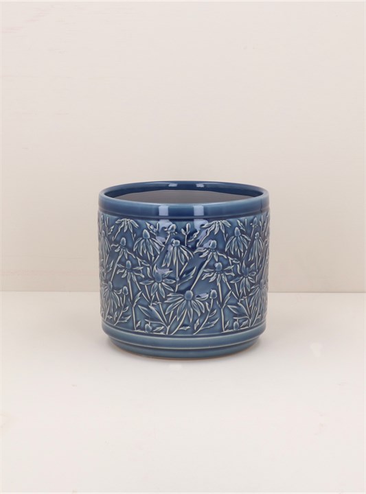 Gisela Graham Stoneware Pot Cover - Navy Rudbeckia