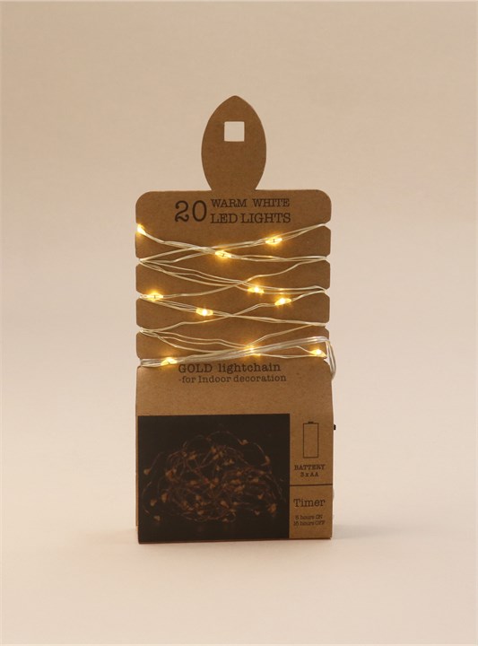 Gisela Graham White LED Lights - 20 Gold Wire