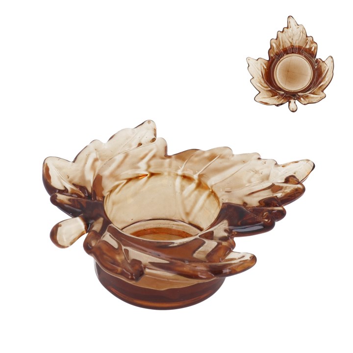 gisela graham Glass T-Lite Holder - Dark Amber Maple Leaf