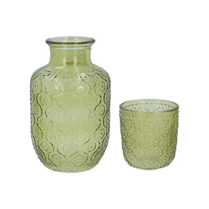 gisela graham Glass Water Carafe Set - Olive Green Daisy