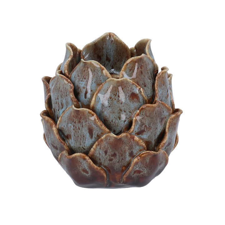 gisela graham Porcelain T-lite Holder - Blue & Brown Reactive Glaze Artichoke