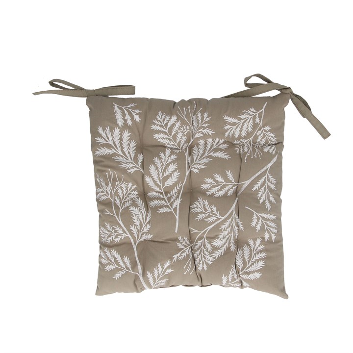 gisela graham Seat Pad with Ties - Taupe Embroidered Fern